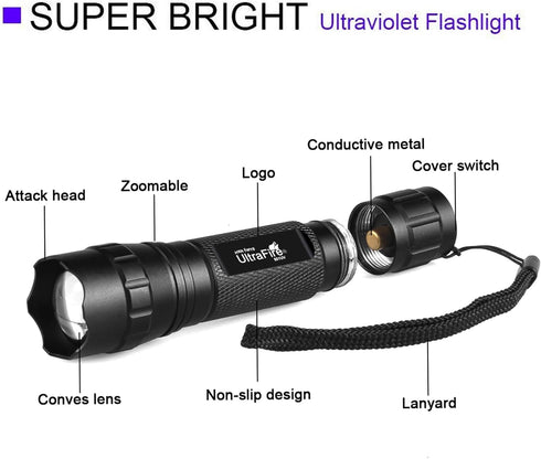 ULTRAFIRE 501B UV Flashlight Adjustable Focus 395nm Mini Black Light, Pet Urine Detector for Curing and Stains