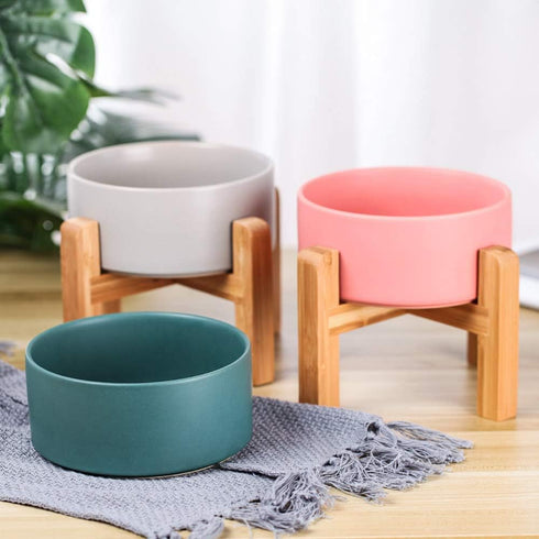 Pink Ceramic Elevated Raised Cat Bowl with Wood Stand, No Spill Pet Food Water Feeder for Cats and Small Dogs