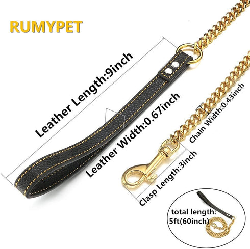 18K Gold Dog Chain Leash, 11MM Solid Chew Proof Stainless Steel Cuban Link with Smooth Leather Handle, 3FT/4FT/5FT