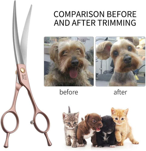 Fenice Peak Professional Curved Dog Grooming Scissors - 8'' Rose Gold 440C Stainless Steel Pet Cutting Shears