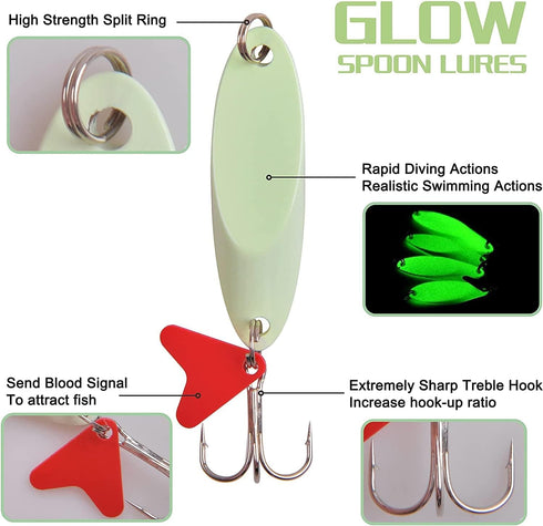 Elyrav Fishing Spoon Lures Glow Spoons Jigging Bait with Sharp Treble Hooks Luminous Metal Lures Casting Spoons Spinner