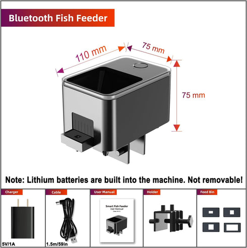 Bluetooth Automatic Fish Feeder for Aquarium, Food Dispenser with App Control, USB Rechargeable, Black