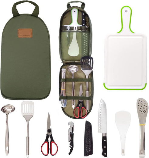 Portable BBQ Camping Cookware Set, Stainless Steel Utensils Travel Kit with Cutting Board, Tongs, Knife, and Spatula