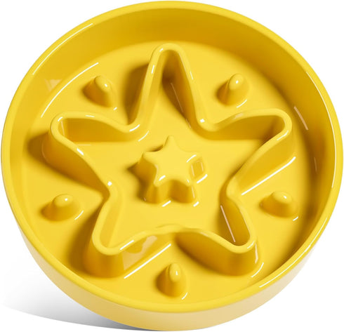 LE TAUCI Ceramic Slow Feeder Dog Bowls for Small Breeds, 0.6 Cups Dog Food Dish for Fast Eaters, Star Yellow