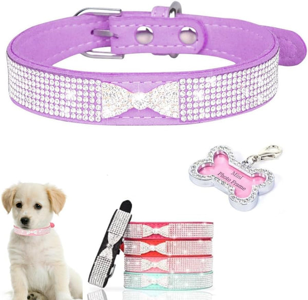 Puppy Collar with Rhinestone Name Plate, Sparkly Diamond Bling Bow Crystal Jewel Collars for XXS XS Small Medium Dogs,