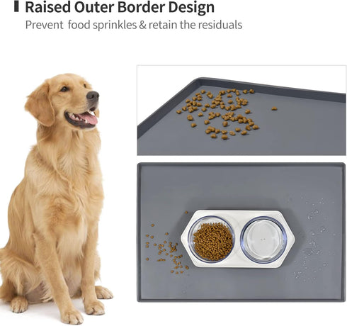 Dog Food Mat - Silicone Waterproof Non-Slip Pet Bowl Placemat with Raised Edge, 18.5" x 11.5"