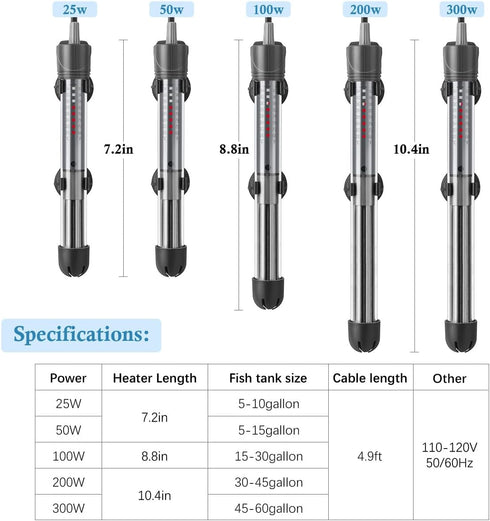 HITOP 25W 50W Adjustable Submersible Aquarium Heater with Suction Cup (25W)