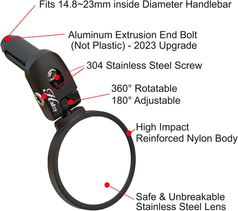 Hafny Bar End Bike Mirror - Stainless Steel Lens Adjustable Rearview Cycle Mirror, Black