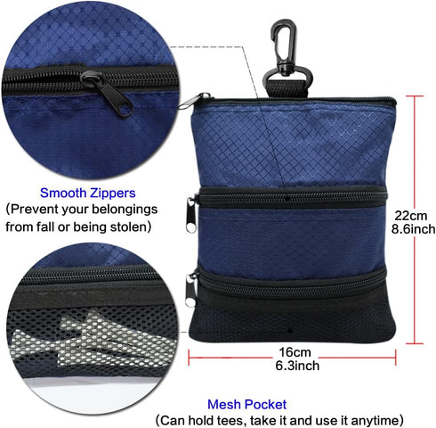 Golf Bag Accessories Valuables Pouch with Multi Pocket Zipper Hook, Includes 10 Pcs Wood Golf Tees