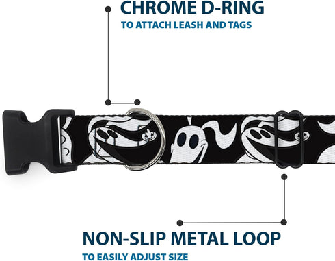 Buckle-Down Dog Collar - Plastic Clip Nightmare Before Christmas Zero Expressions, 11 to 17 Inches, 1.0 Inch Wide