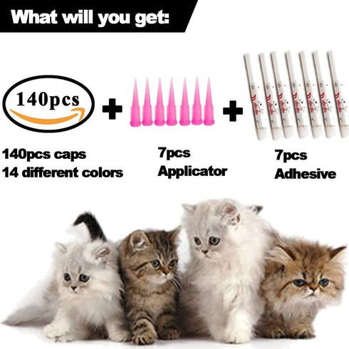 140pcs Cat Nail Caps - Kitten Caps 4 Glitter Colors + Colorful Cat Nails Caps Covers + Adhesive Glue