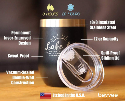 Lake Life Wine Tumbler with Sliding Lid, Stemless Stainless Steel Insulated Cup for Outdoor Camping, Black.