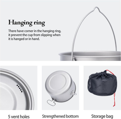 iBasingo Outdoor Titanium Pot with Lid, Folding Handle Camping Cookware for Hiking Picnic, Ultralight Bowl Tableware