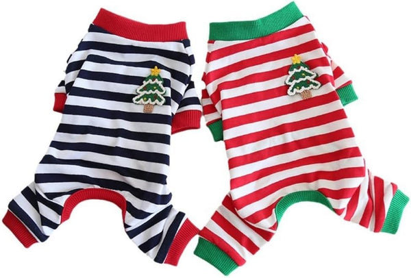 Hdwk&Hped Soft Cotton Dog Pajamas, Striped Solid Pet Jumpsuit for Small Dog Cat Puppy, 3 Styles (Christmas Style 2-Pack)