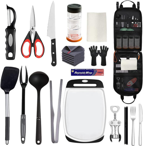 High Capacity Camp Kitchen Organizer, Portable Storage Bag with Hooks and Paper Towel Holder