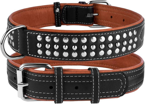 CollarDirect Studded Dog Collar - Leather Pet Collars for Dogs - Soft Padded - Brown Black (Black, Neck fit 23" - 26")