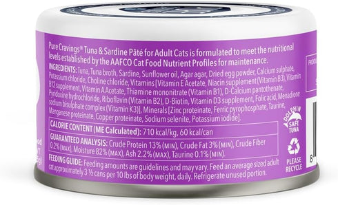 Tuna and Sardine Pate Canned Wet Cat Food, 100% Mercury-Tested, Grain-Free Protein, 12 Pack