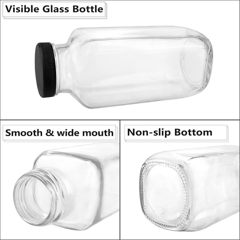 12 Pack 16 OZ GUANENA Glass Drink Bottles, Vintage Square Water Bottles with Lids, Juice Bottles Beverages Containers