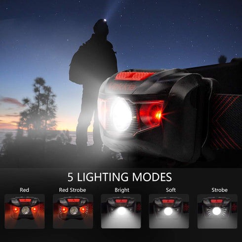 Vekkia Ultra Bright LED Headlamp, 5 Lighting Modes, White & Red LEDs, IPX6 Waterproof for Running, Cycling, Fishing,