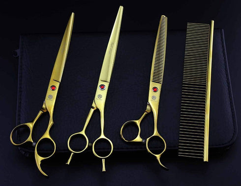 Purple Dragon 8.0" Titanium Multicolor Pet Grooming Scissors Set - Straight, Thinning, Curved with Bag