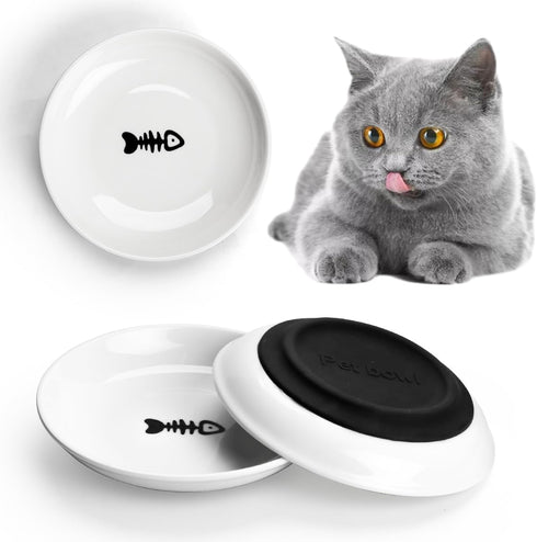 Cat Food Bowl, Healthier Ceramic Bowls for Indoor Cats with Anti Whisker Fatigue Design, Pack of 3 (Fishbone)