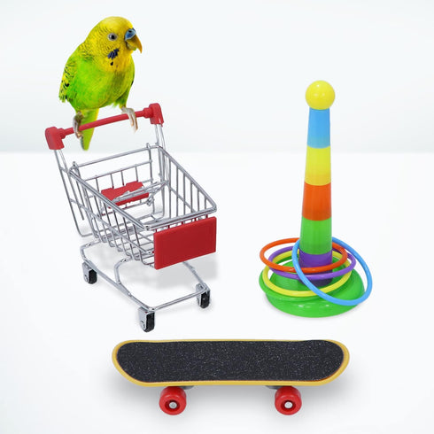 Wontee Bird Toys Mini Shopping Cart, Skateboard Ring Toy for Budgies and Parrots (3 Pack)