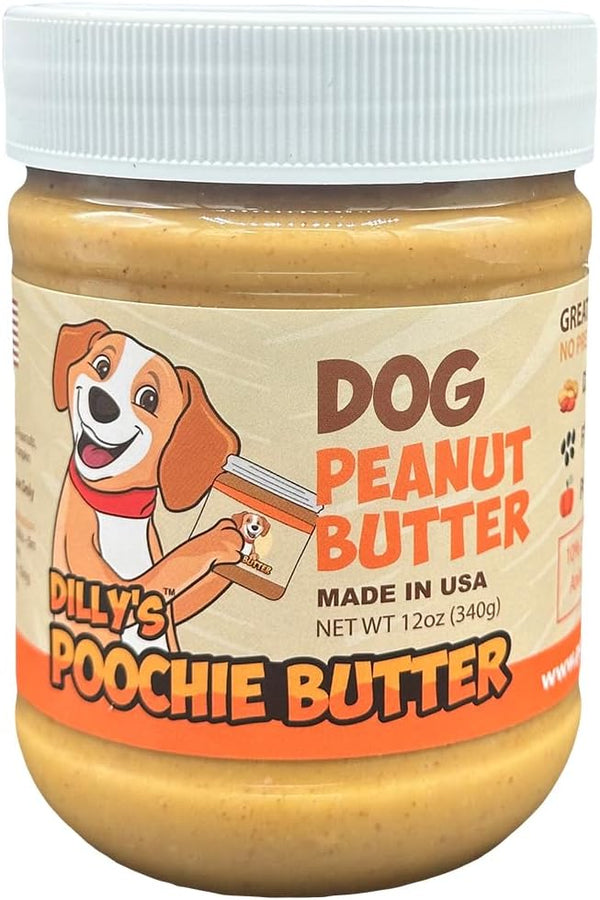 Dilly's Poochie Butter - 12oz Dog Peanut Butter, Healthy Treats for Lick Mats, Enrichment Toys & Training