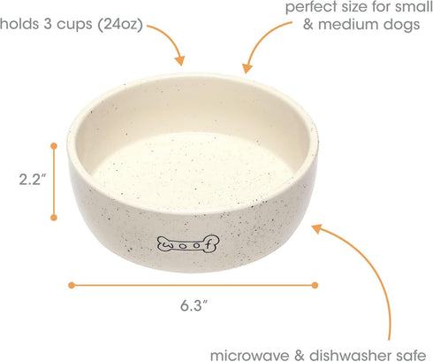 Pearhead Woof Pet Bowl, Dog Water and Food Dish, Pet Owner Dog Accessory, Ceramic, White, Microwave and Dishwasher Safe, Holds 3 Cups, 24 oz