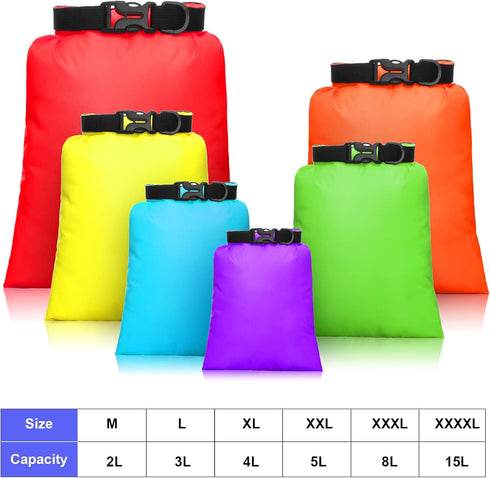 Waterproof Dry Bag Set 15 L+ 8 L +5 L+4 L+3 L+ 2 L Lightweight Sacks and Long Adjustable Shoulder Strap for Kayaking, Rafting, Boating, Hiking, Camping (Mixed Color,6 Pcs)