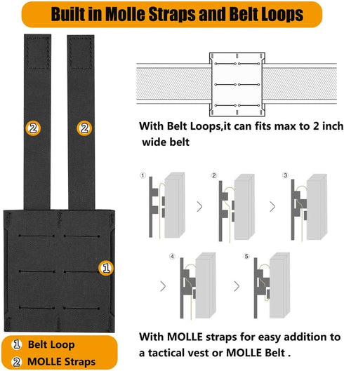 KRYDEX 5.56mm Magazine Pouch + 9mm .45 Pistol Mag Pouch Combo, MOLLE Mag Holders with Quick Release Insert