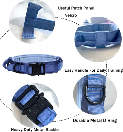 Adjustable Tactical Dog Collar with Heavy Duty Metal Buckle and Handle for Dog Training (Dark Blue, M)