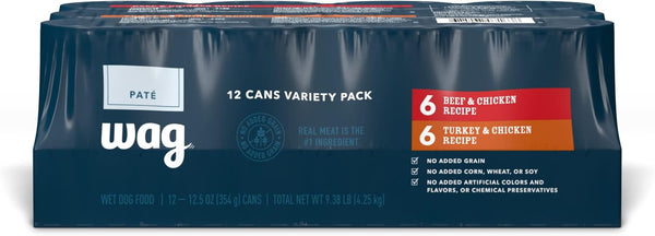 Amazon Brand - Wag Pate Wet Dog Food Variety Pack (Beef &