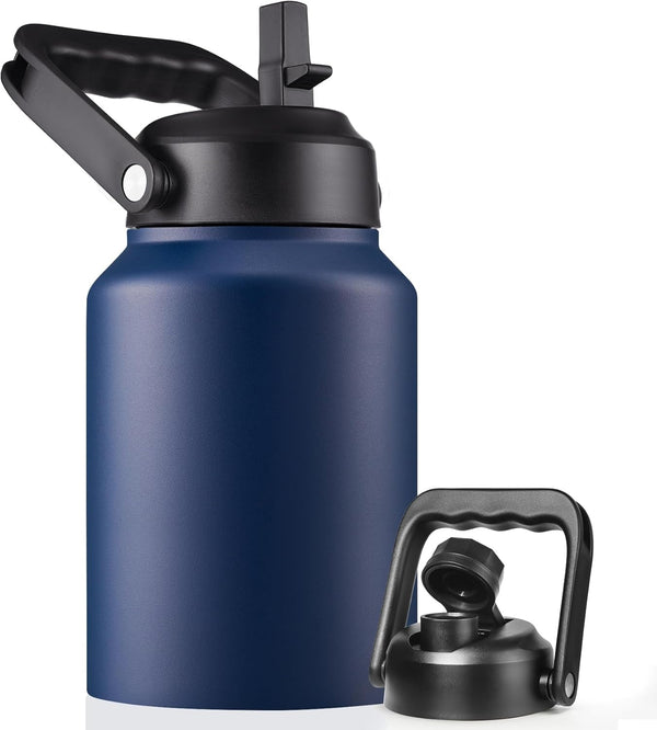 Half Gallon Insulated Water Bottle Jug, 64 oz Stainless Steel Sports Flask with Straw, Navy Blue