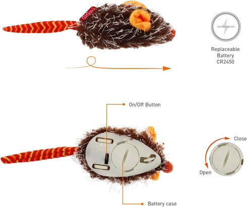 Gigwi Interactive Cat Toy, Automatic Moving Mouse with Furry Tail, Squeaky Toy for Indoor Cats, Orange Ear