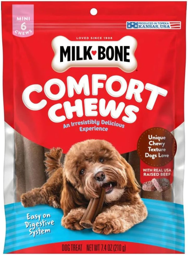 Milk-Bone Mini Comfort Chews, Dog Chews with Unique Chewy Texture and Real Beef, 7.4 Oz Bag of 6 Chews