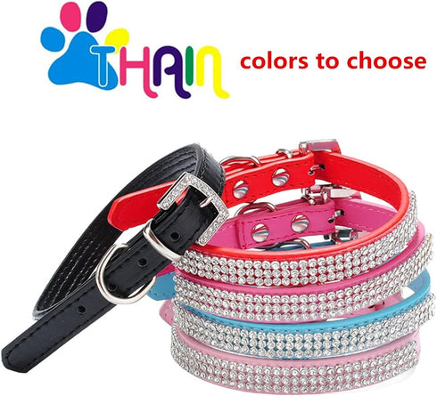 THAIN Basic Adjustable Dog Cat Collar - Bling Rhinestones PU Leather with Shiny Diamonds, XS Pink