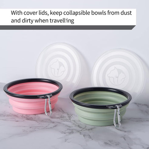 SLSON Collapsible Pet Feeder - 2 Pack Dog Bowls with Cover Lids, Portable Foldable Cat Water Dish, Fairy Pink & Sprout