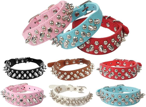 Dogs Kingdom Soft Leather Mushrooms Rivet and Spikes Studded Adjustable Buckle Pet Dog Collar for Small Medium Large