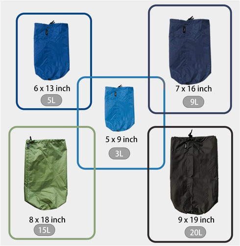Frelaxy Stuff Sack Set 5-Pack (3L, 5L, 9L, 15L, 20L) | Ultralight Ditty Bags for Traveling, Hiking, Backpacking (Sky