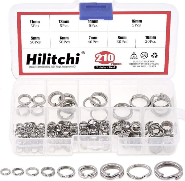 Hilitchi 210Pcs Fishing Tackle Split Rings, High Strength Stainless Steel, 9 Sizes for Heavy Fishing Lures Connector