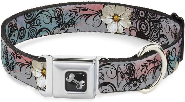 Buckle-Down Seatbelt Buckle Dog Collar - Flowers w/Filigree Pink, 1" Wide, Fits 11-17" Neck