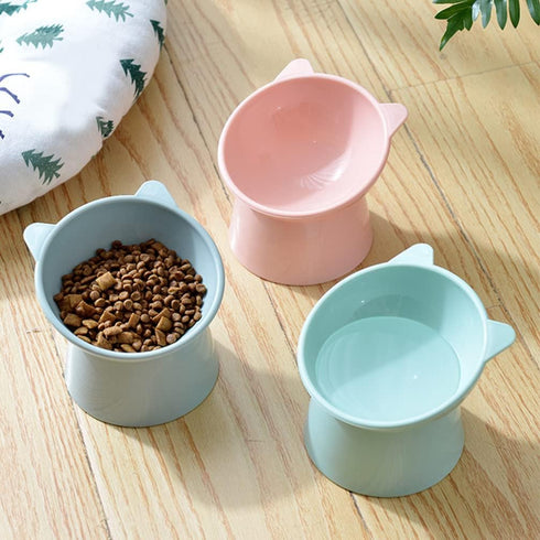 LIFKOME 3PCS Elevated Cat Bowls, Raised Plastic Tilted Pet Food Bowl for Flat-Faced Cats (Pink, Blue, Grey)