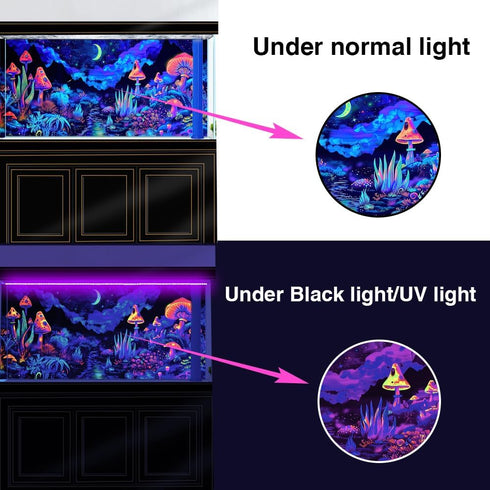 24X12IN Blacklight Mushroom Flower Aquarium Background - UV Moonlight Mountain Forest Landscape with Tape