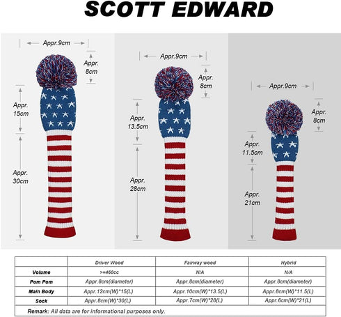 Scott Edward Knitted Golf Head Covers 4PCS, Handmade Fit for Driver and Fairway Woods with Long Neck Pom Pom