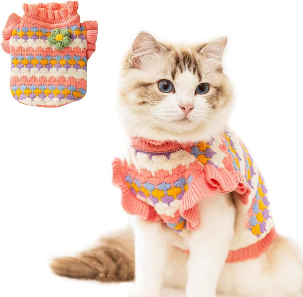 Small Dog Sweater - Knitted Tulip Cat Sweater, Warm Thick Holiday Clothes for Small Dog Girl, Cold Weather Outfit