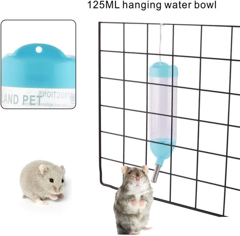 Guardians Hamster Water Bottle - Automatic Drinking Bottle with Food Container Base Hut - 125ml, Blue
