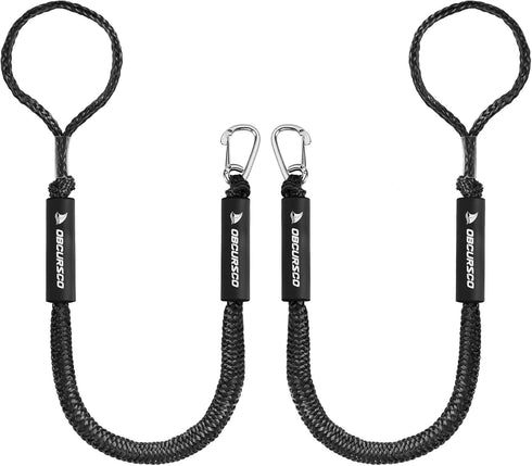 Obcursco 3FT Bungee Dock Lines, Boat Dock Rope, Jet Ski Accessories with 316 Stainless Steel Clip (2 Pack, Black)