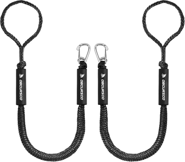 Obcursco 3FT Bungee Dock Lines, Boat Dock Rope, Jet Ski Accessories with 316 Stainless Steel Clip (2 Pack, Black)