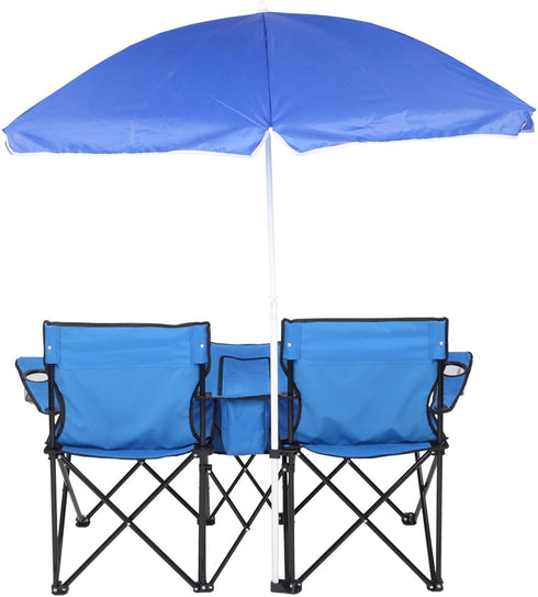 Generic Double Camping Chair with Umbrella, Folding Loveseat Chairs w/Canopy Shade, Carrying Bag, Table, Cup Holder