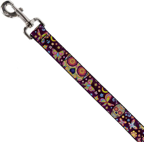 Dog Leash Mariposa Calaveras Butterflies Flowers Burgundy Multi Color 4 Feet Long 1.5 Inch Wide